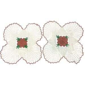 Set Of Two Vintage Rose Doilies Crochet Edged 18" Square Elegant Table Decor